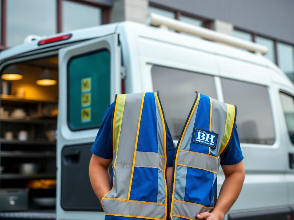 BH technician in safety vest beside service van