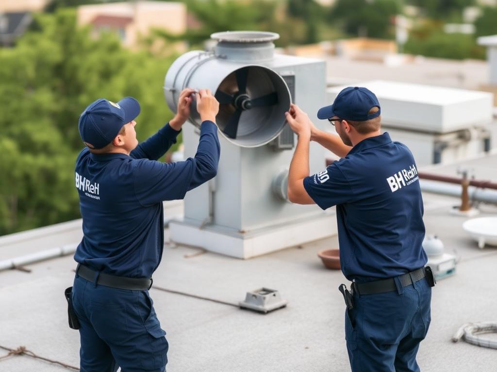 BH technicians servicing rooftop exhaust fan