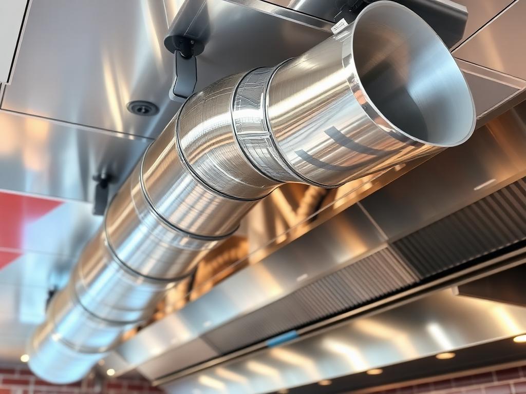 Spiral exhaust duct above commercial kitchen line