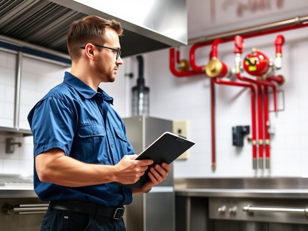 Technician inspecting fire suppression system
